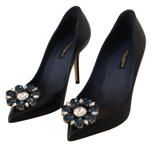 Elegant Dark Blue Crystal Leather Pumps