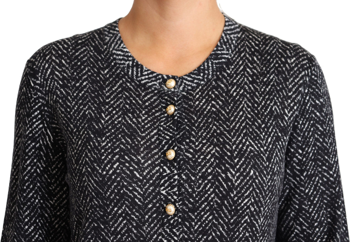 Elegant Chevron Wool Cardigan with Logo Buttons