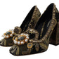 Gold Crystal Square Toe Brocade Pumps Shoes