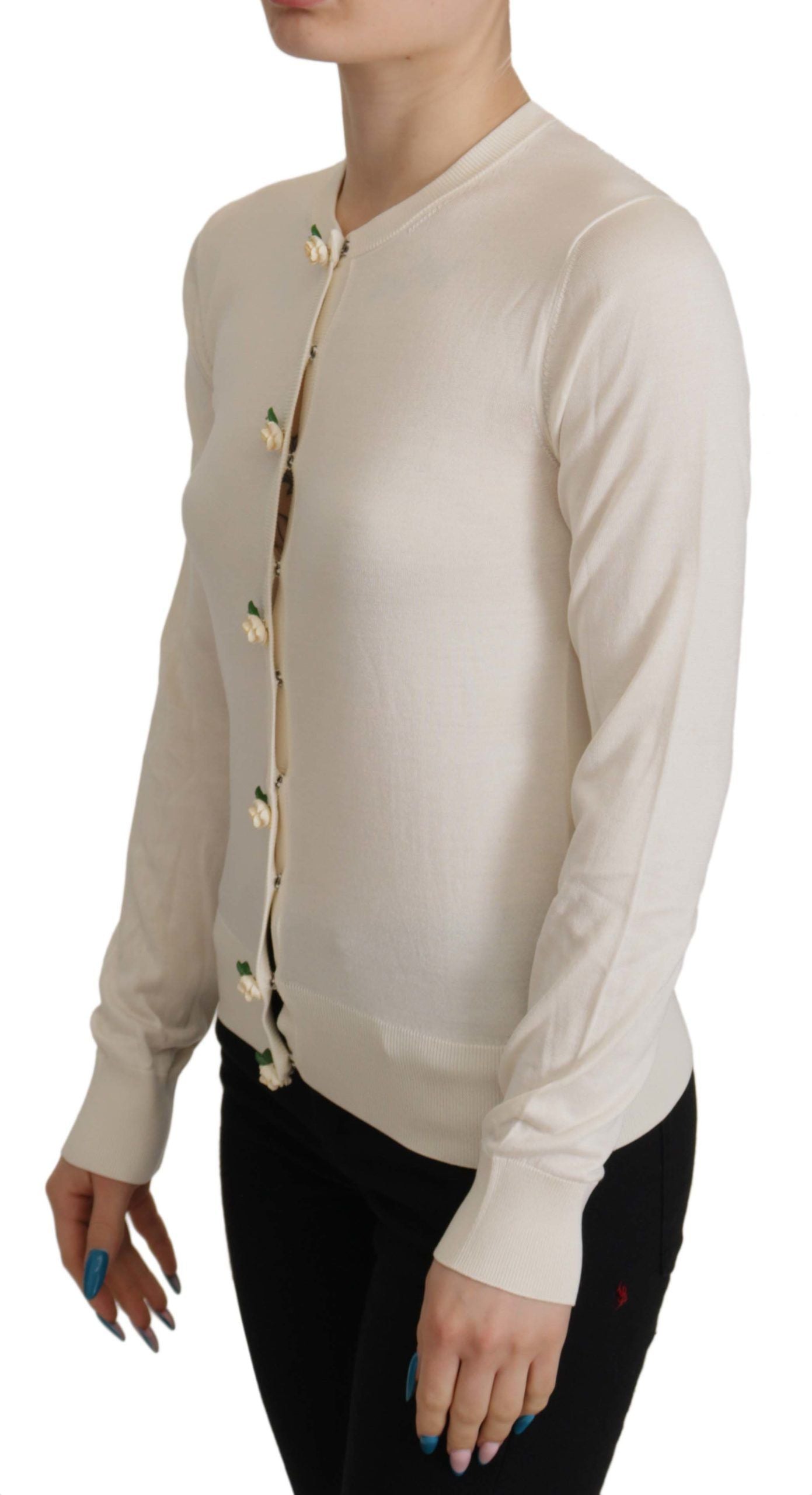 White Silk Knit Rose Button Cardigan Sweater