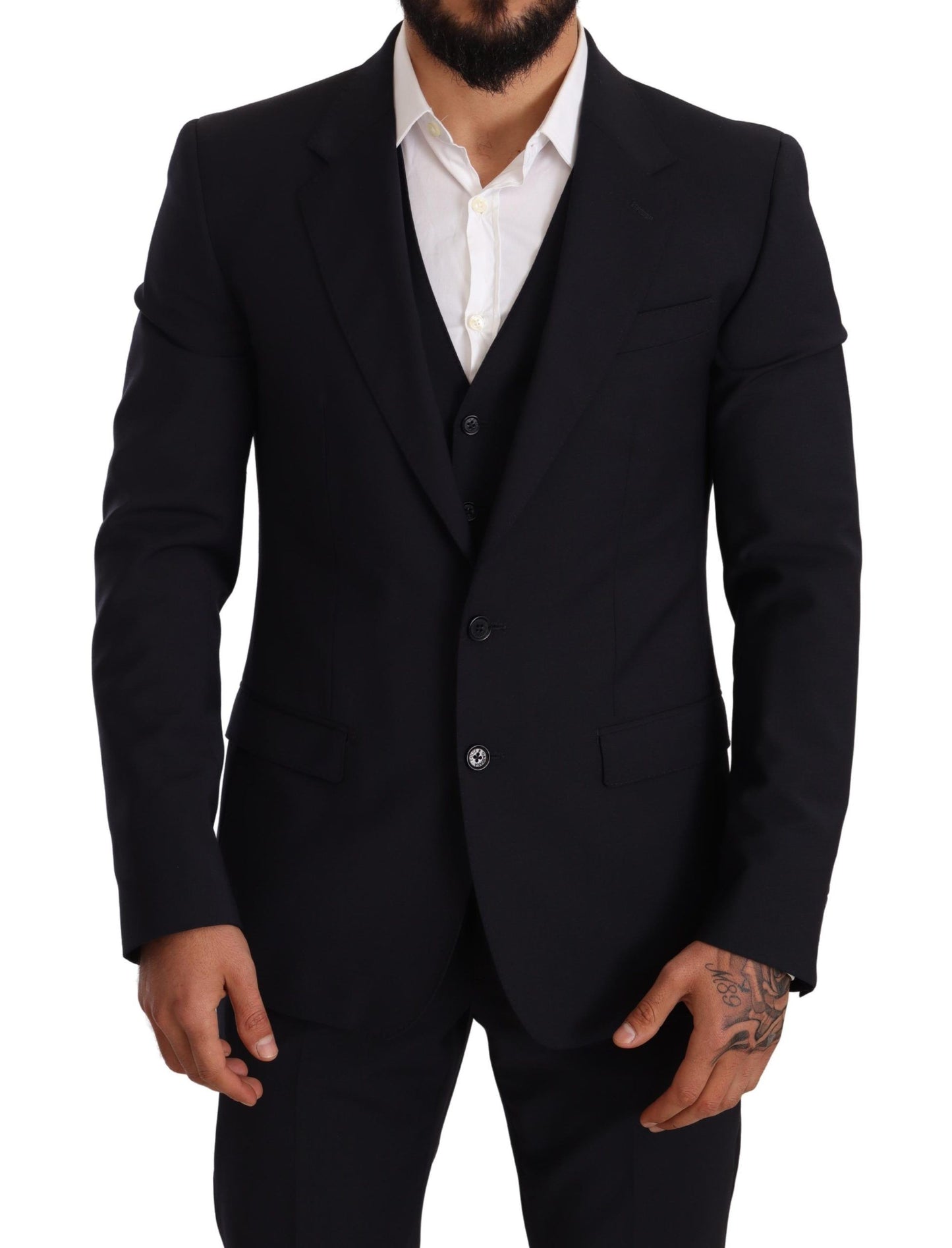 Elegant Dark Blue Three Piece Wool Blend Suit