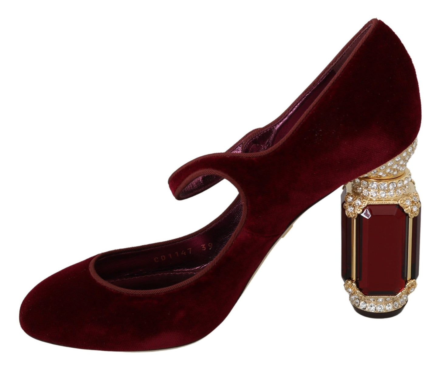 Red Velvet Crystal-Embellished Mary Janes Heels