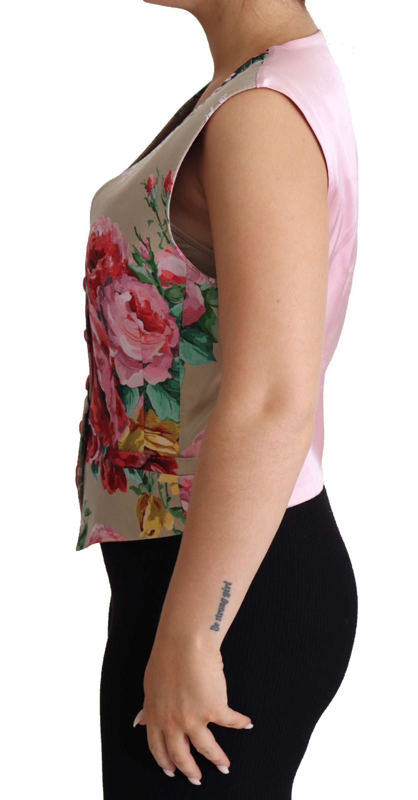 Elegant Beige Floral Sleeveless Silk Blend Vest