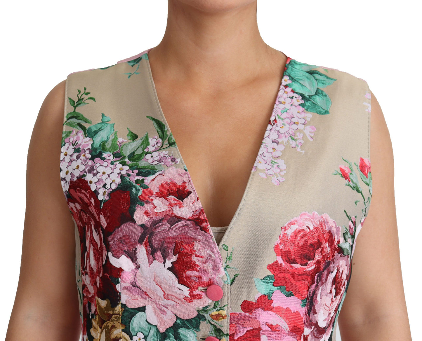 Elegant Beige Floral Sleeveless Silk Blend Vest