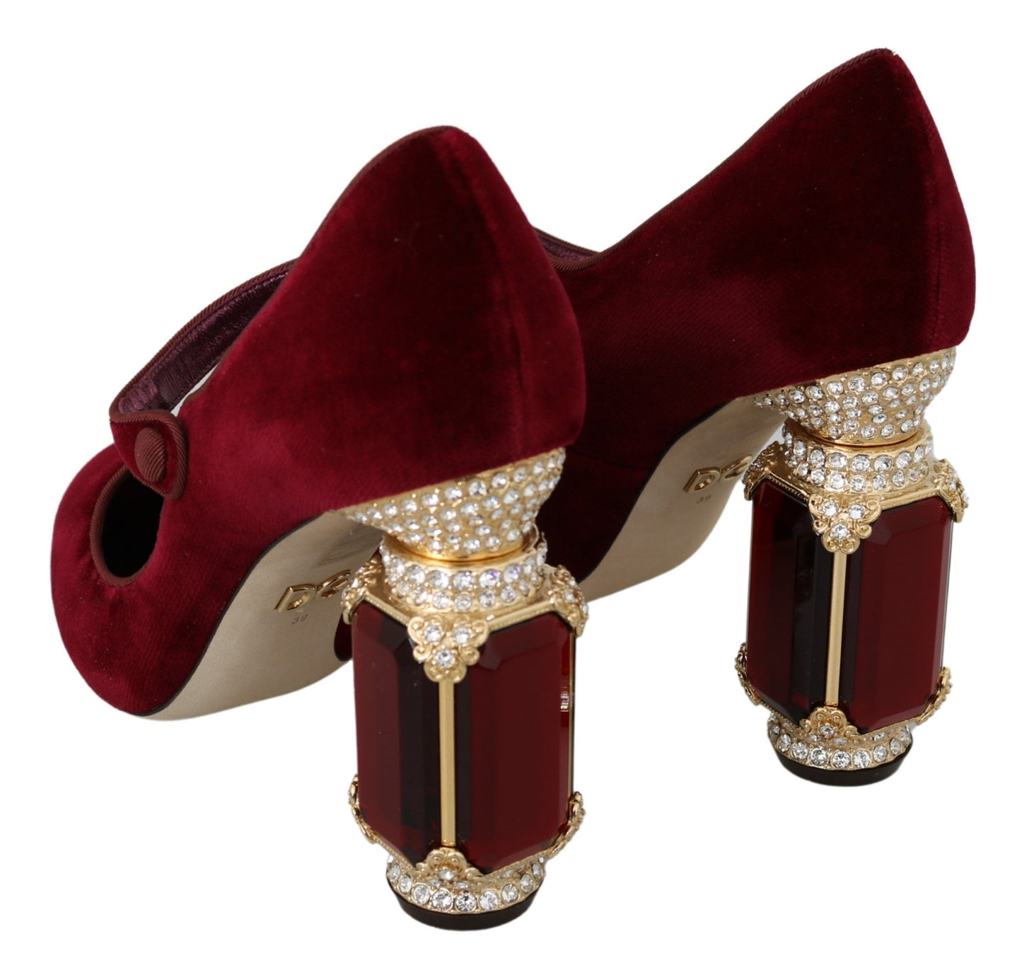 Red Velvet Crystal-Embellished Mary Janes Heels