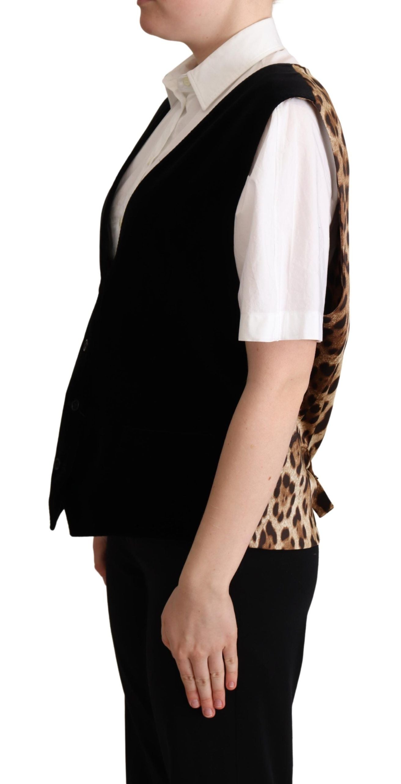 Black Cotton Leopard Print Waistcoat Vest