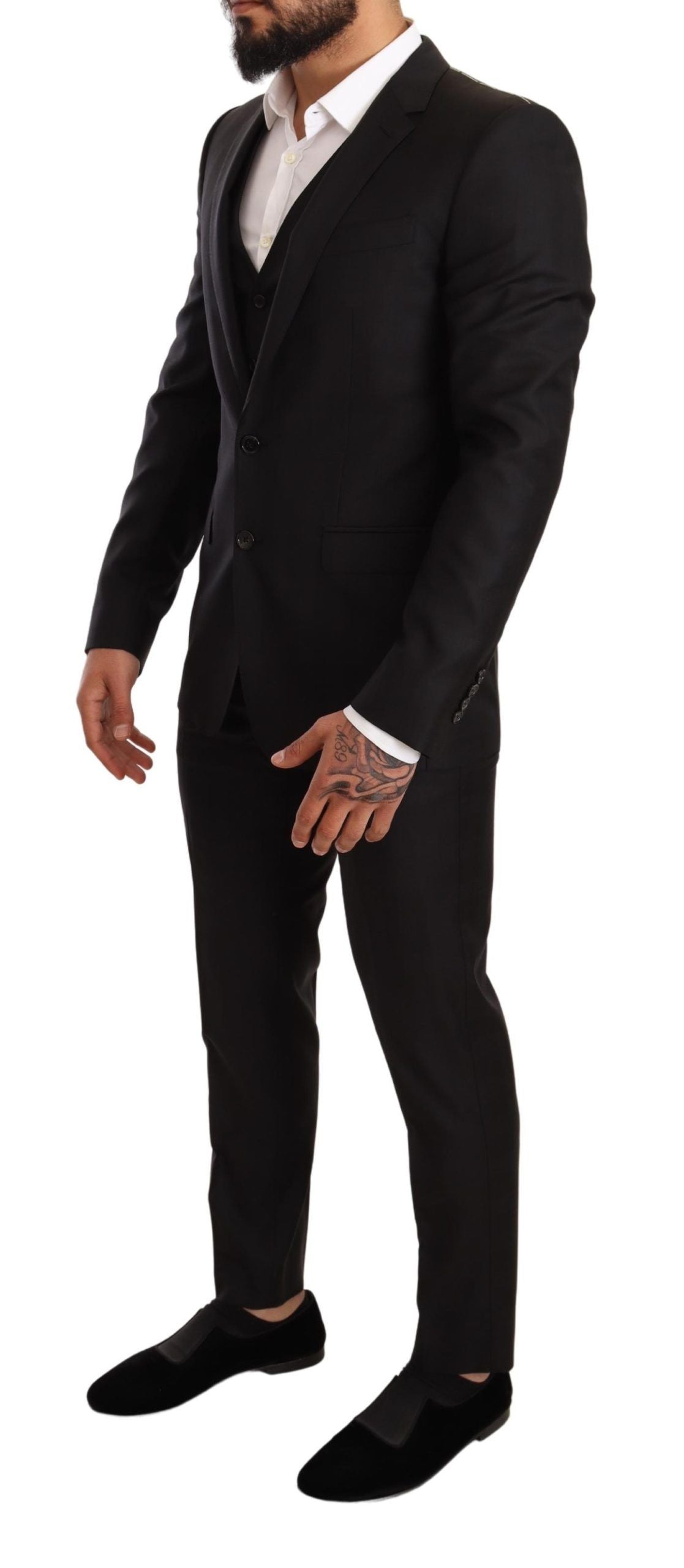 Elegant Black Striped Wool Three-Piece Suit