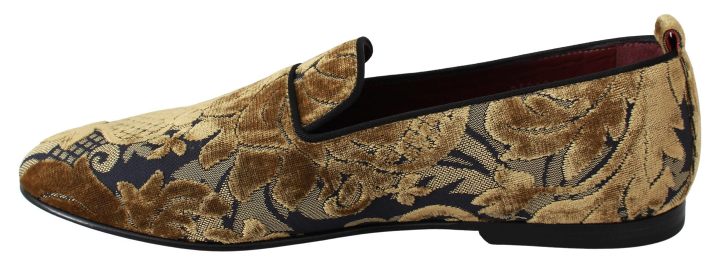 Elegant Blue & Gold Brocade Loafers