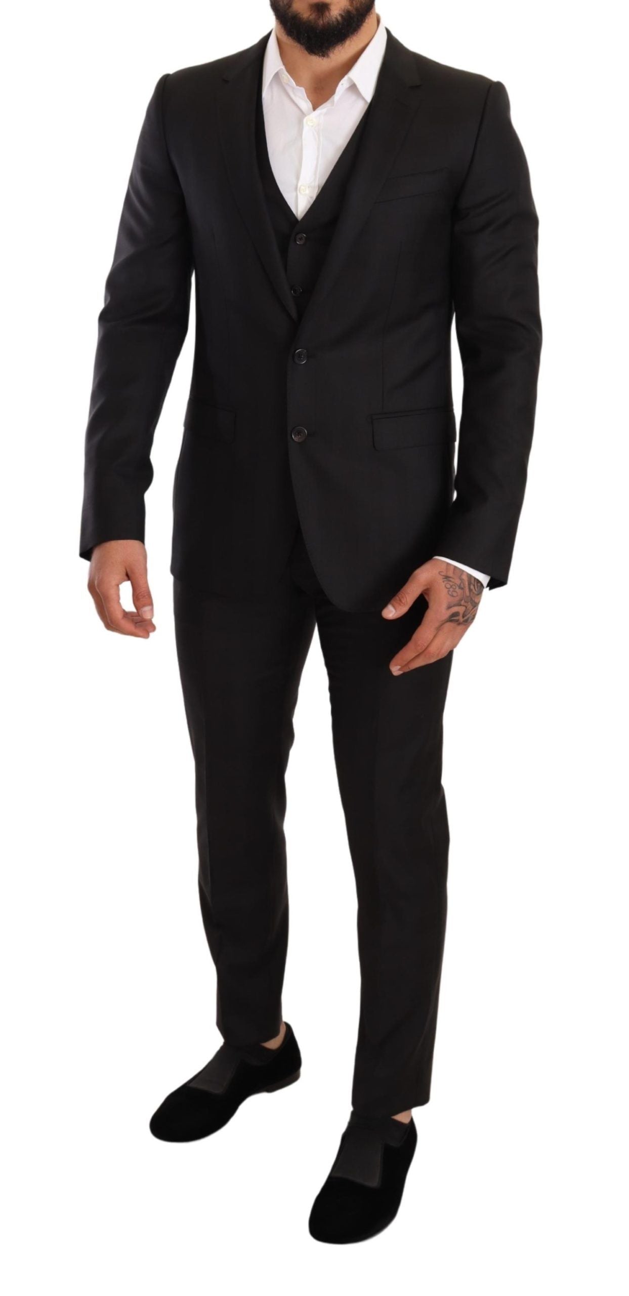 Elegant Black Striped Wool Three-Piece Suit