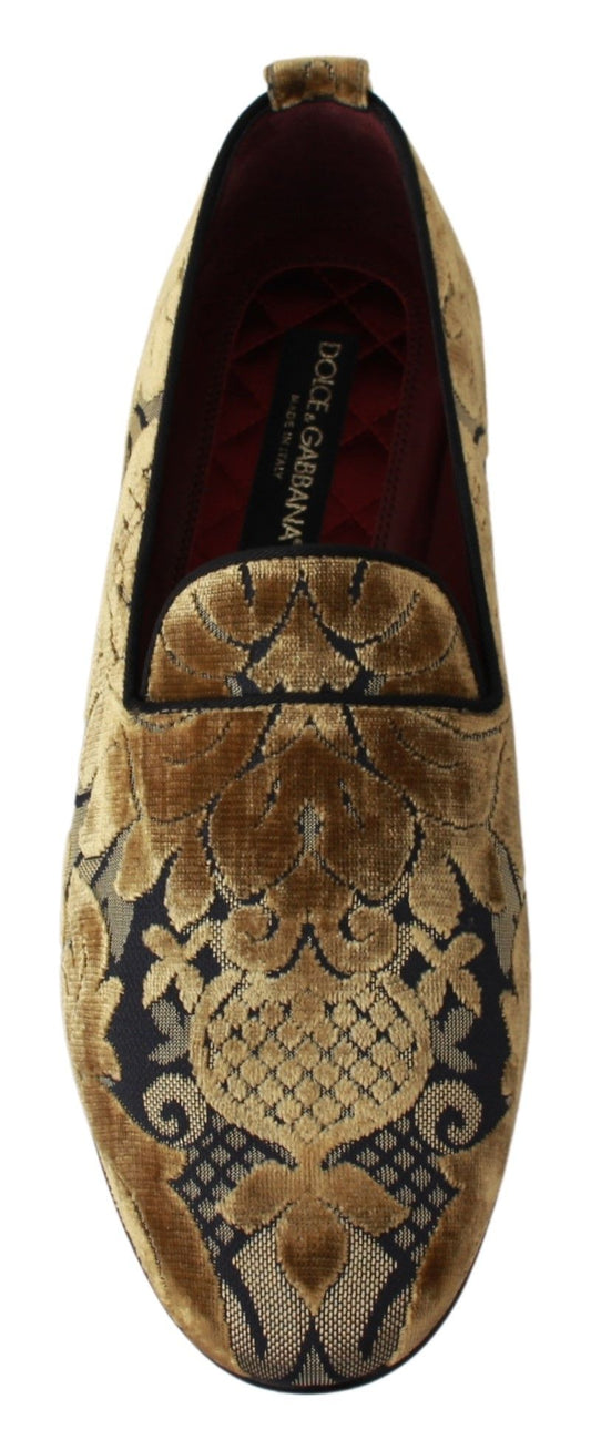 Elegant Blue & Gold Brocade Loafers