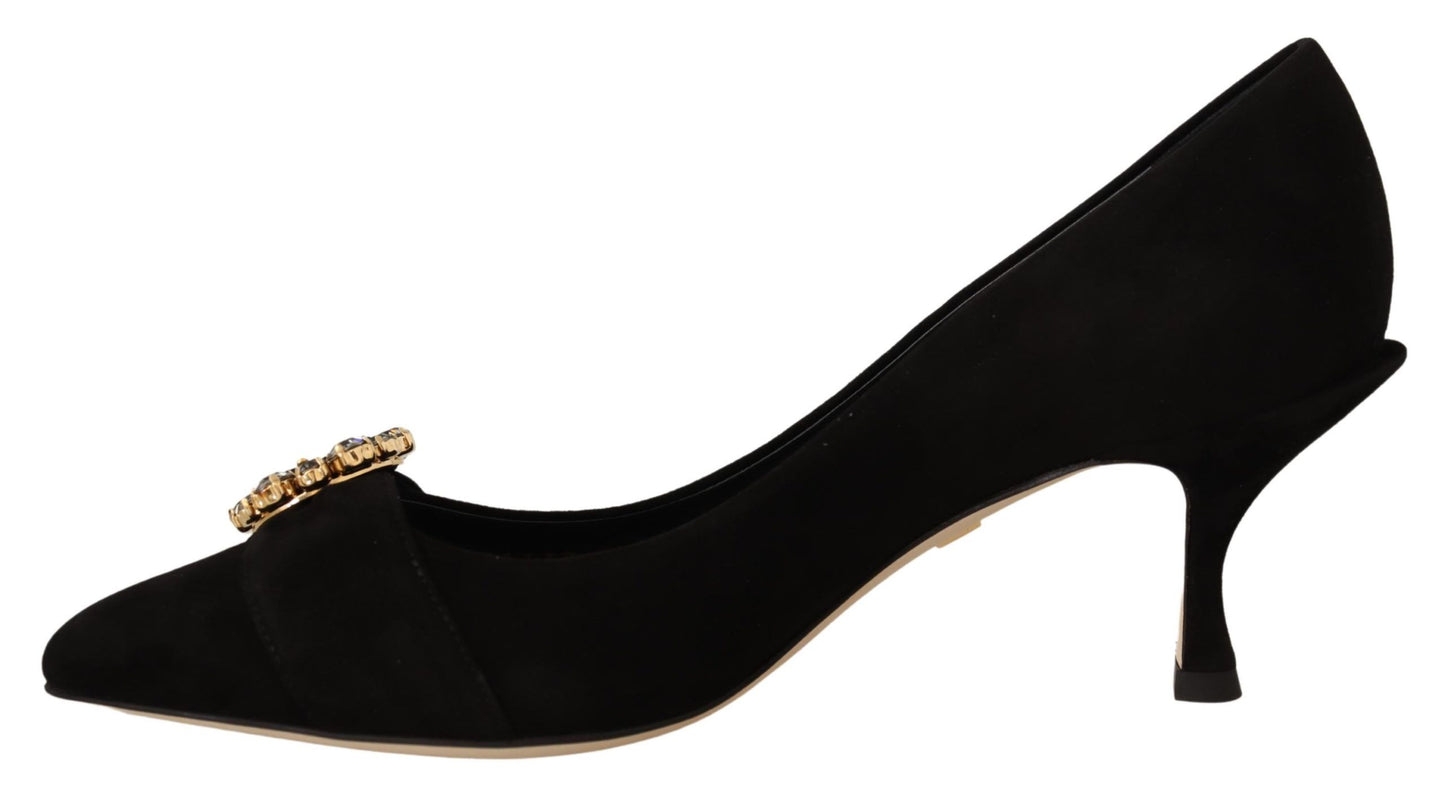 Elegant Black Suede Jewel Pumps