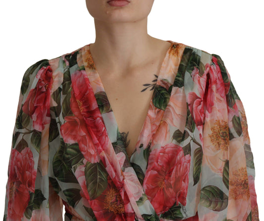 Multicolor Floral Silk Wrap Blouse Top