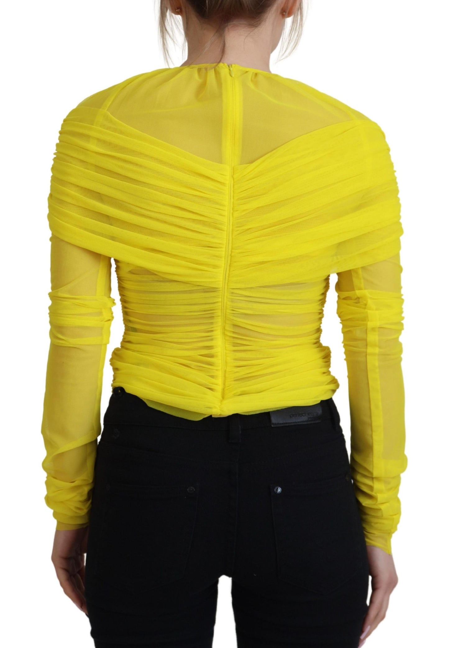 Yellow Mesh Long Sleeves Nylon Blouse Top