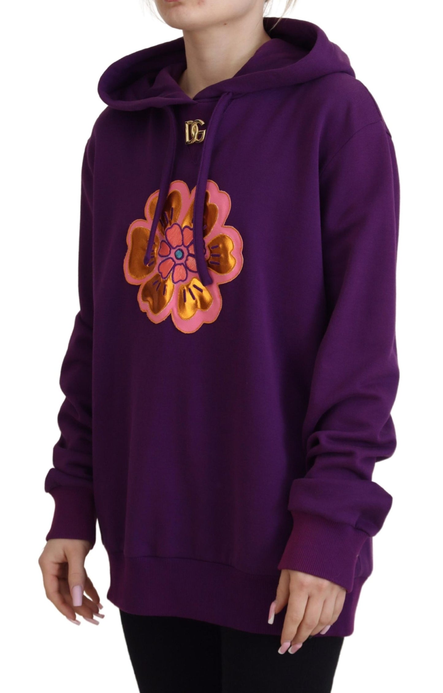 Elegant Floral Hooded Pullover Sweater in Purple