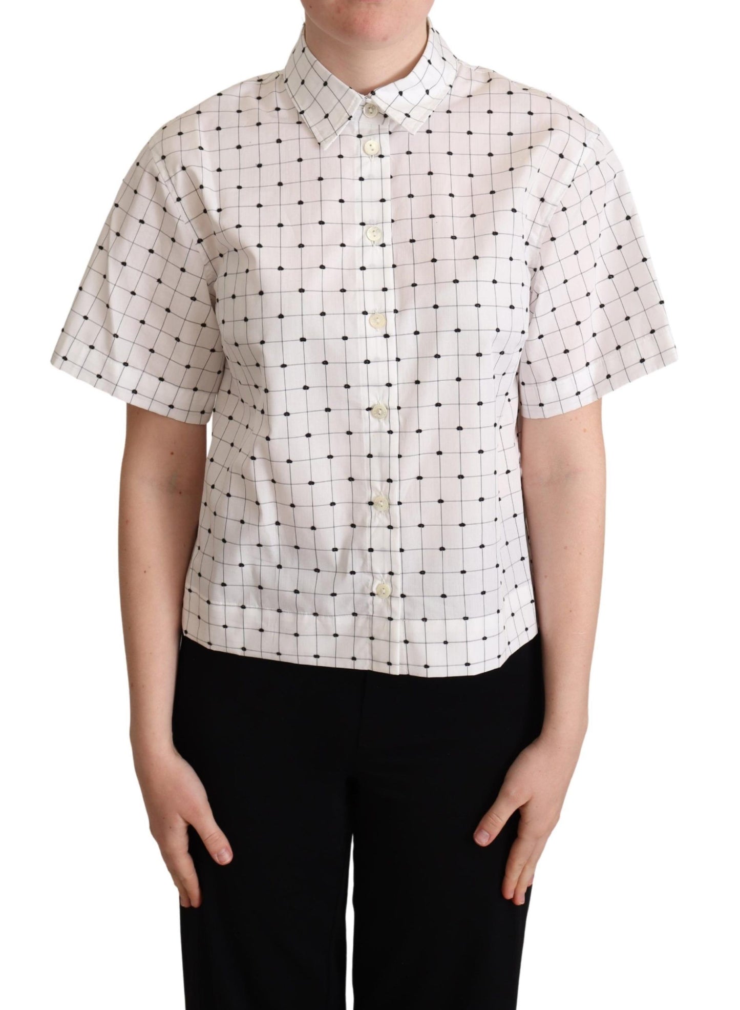 White Polka Dot Cotton Collared Shirt Top