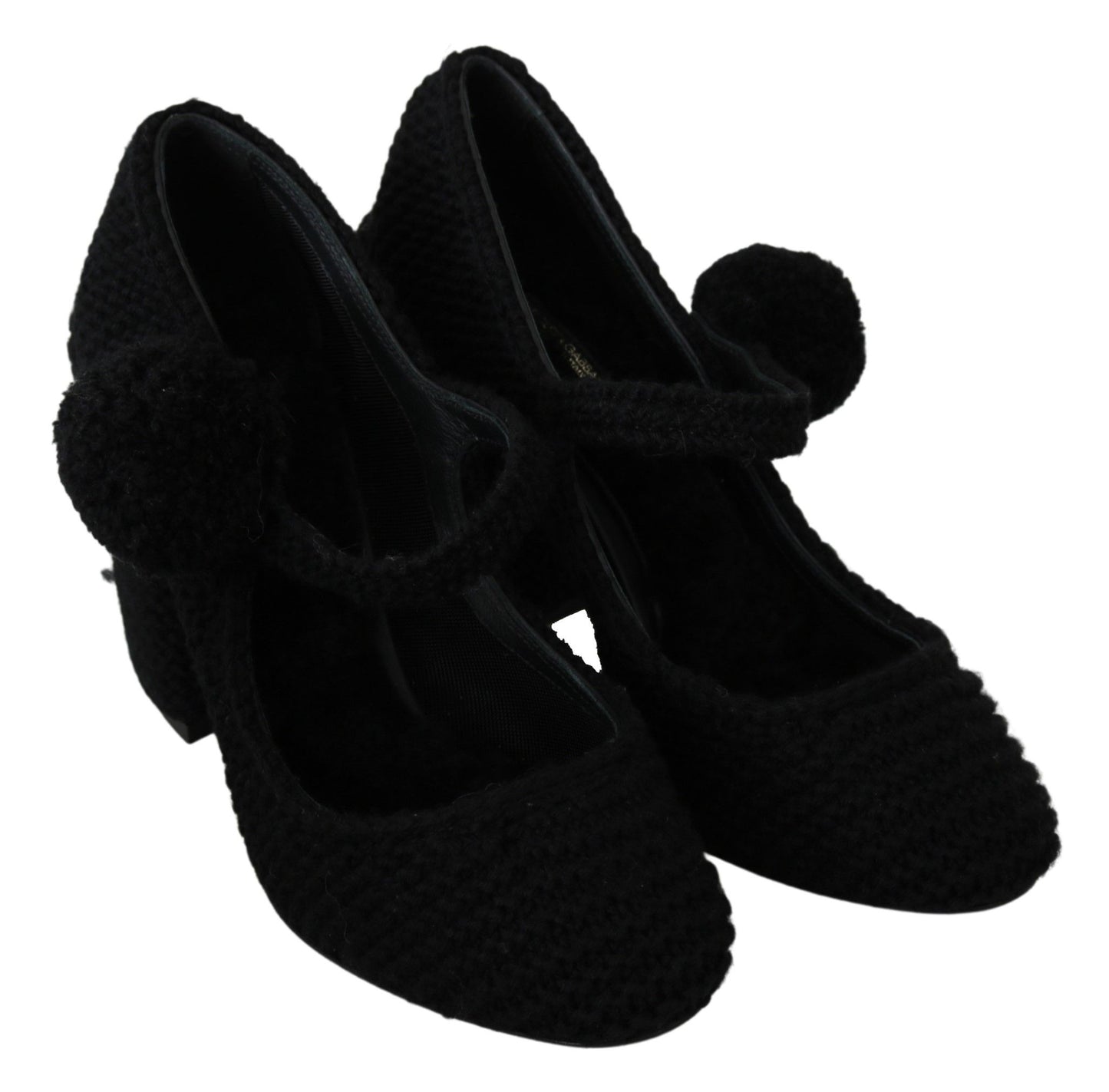 Chic Black Wool-Knitted Mary Janes Pumps