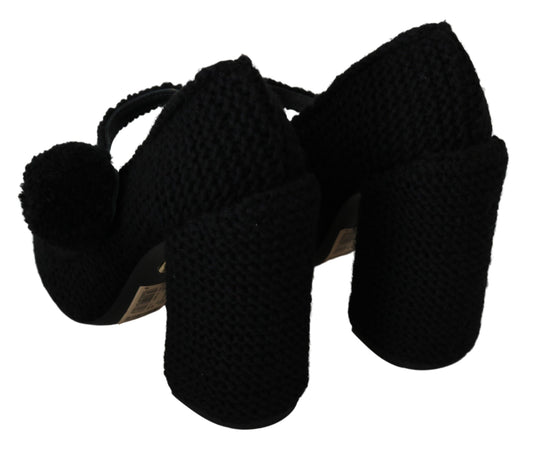 Chic Black Wool-Knitted Mary Janes Pumps