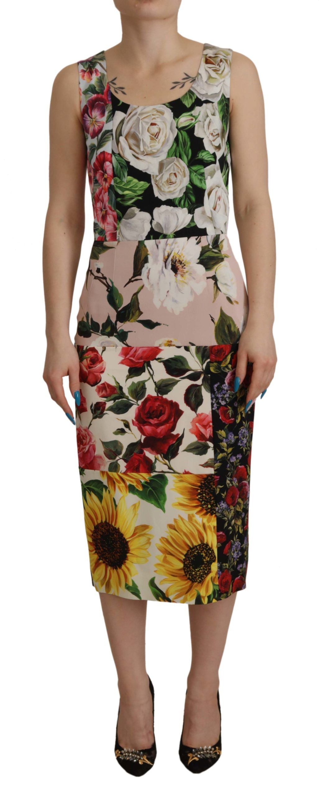 Patchwork Floral Midi Sheath Dress