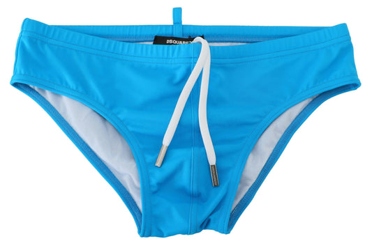 Sleek Blue Swim Briefs with Yellow Logo Print