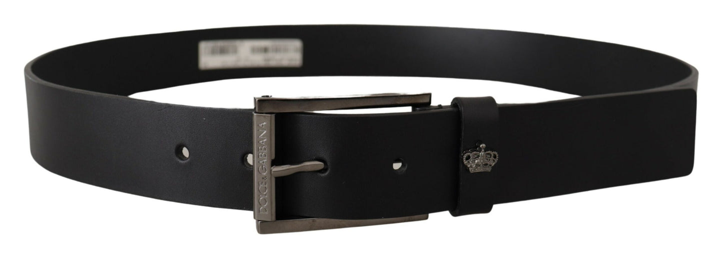 Black Calf Leather Engraved Crown Logo Buckle Belt