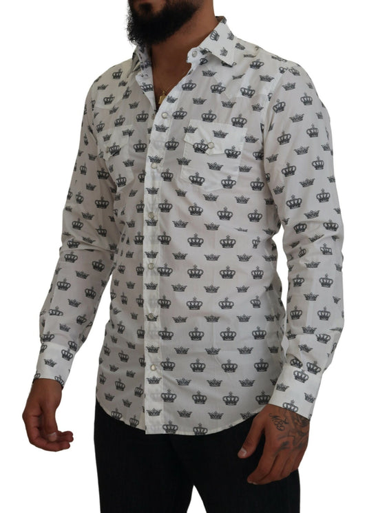 White Crown Print Slim Fit Cotton Shirt