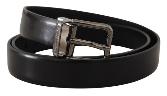 Sleek Black Leather Belt with Metallic Buckle