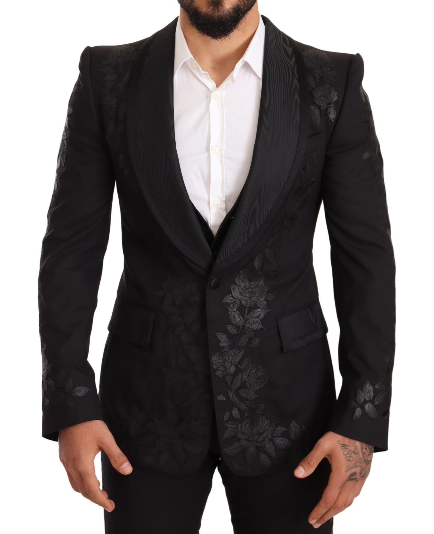 Elegant Black Floral Wool Blend Three-Piece Suit