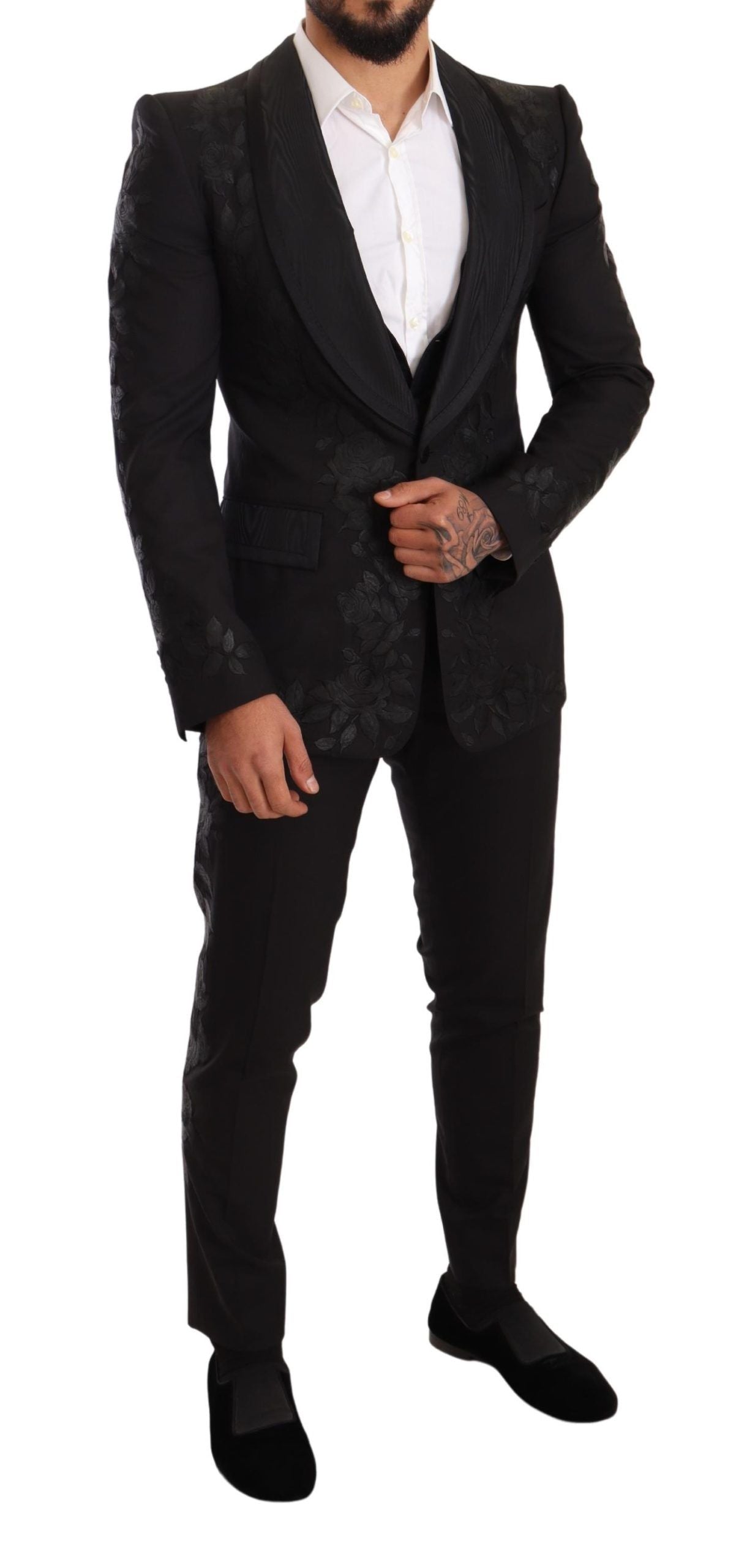 Elegant Black Floral Wool Blend Three-Piece Suit