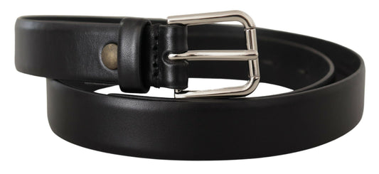 Elegant Black Leather Belt with Metal Buckle