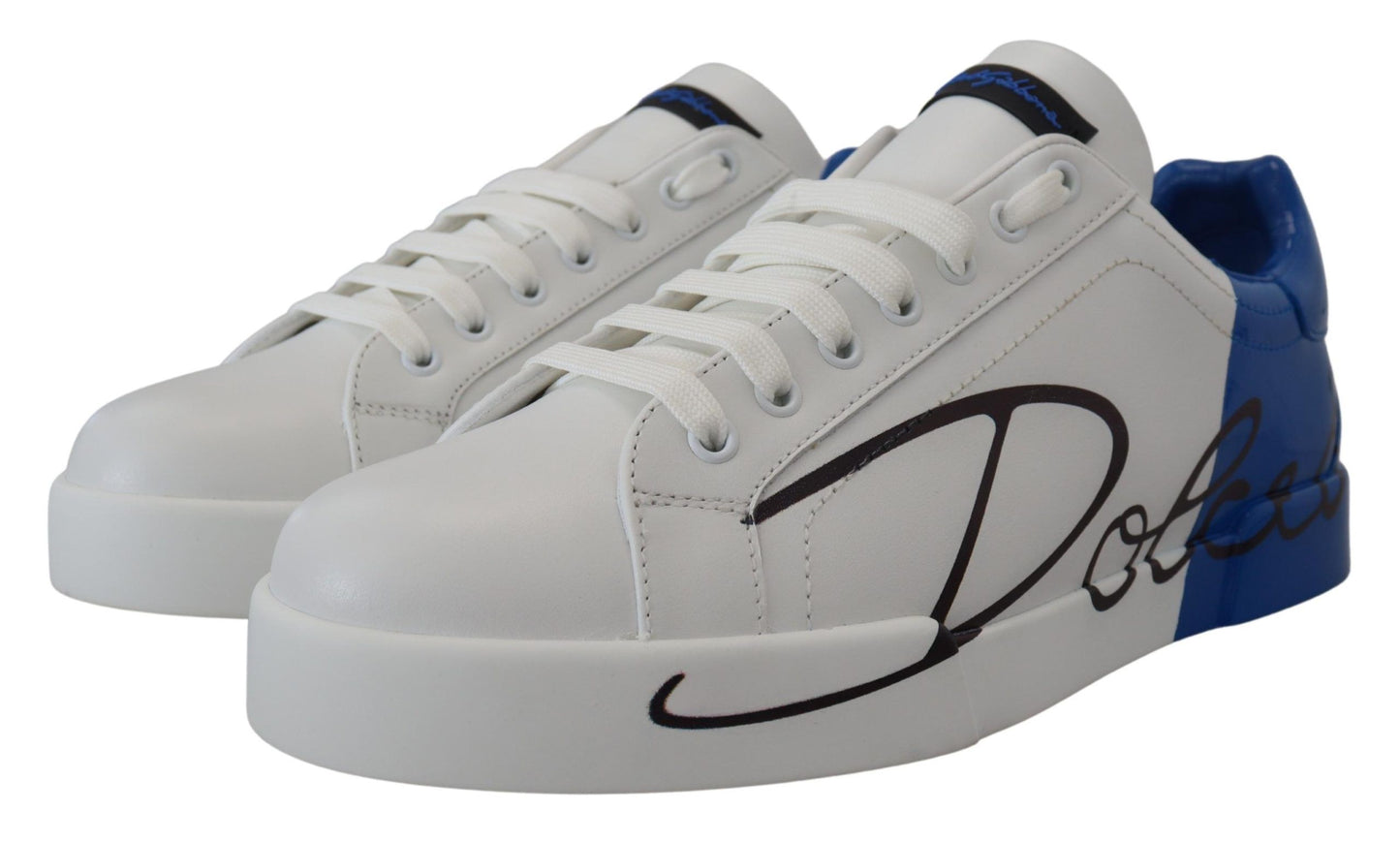 Elegant White and Blue Leather Sneakers