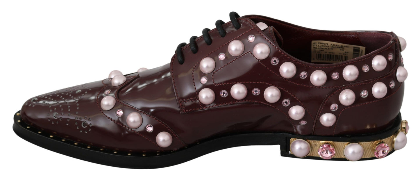 Elegant Bordeaux Lace-Up Flats with Pearls and Crystals