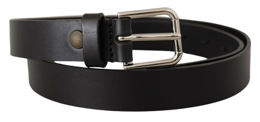 Elegant Black Leather Belt with Metal Buckle