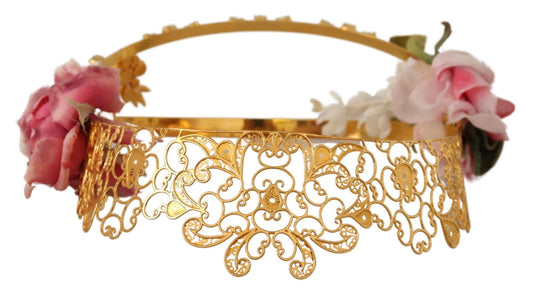 Elegant Gold Tone Brass Rose Crystal Diadem