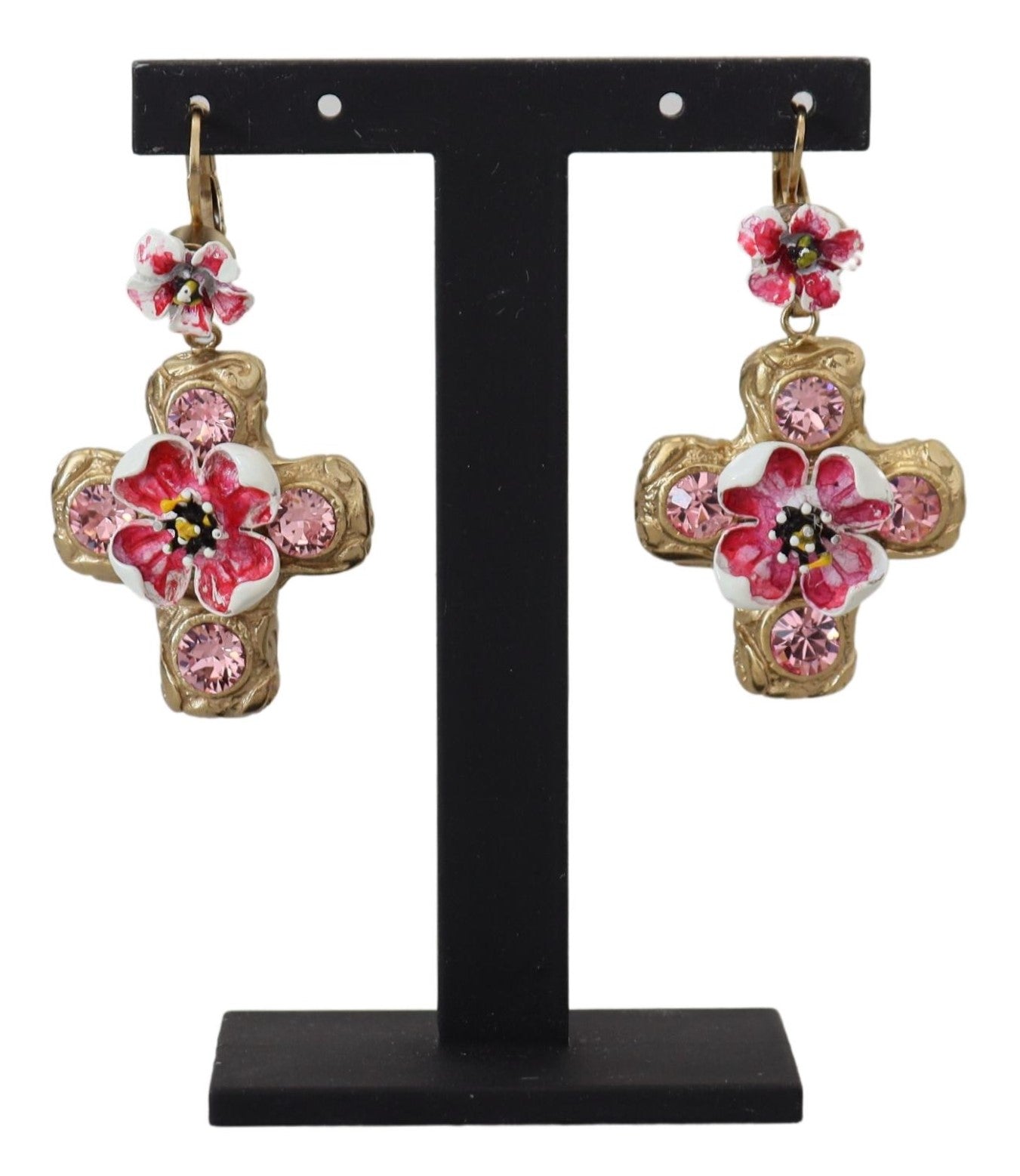 Gold and Pink Sicily Cross Dangling Earrings