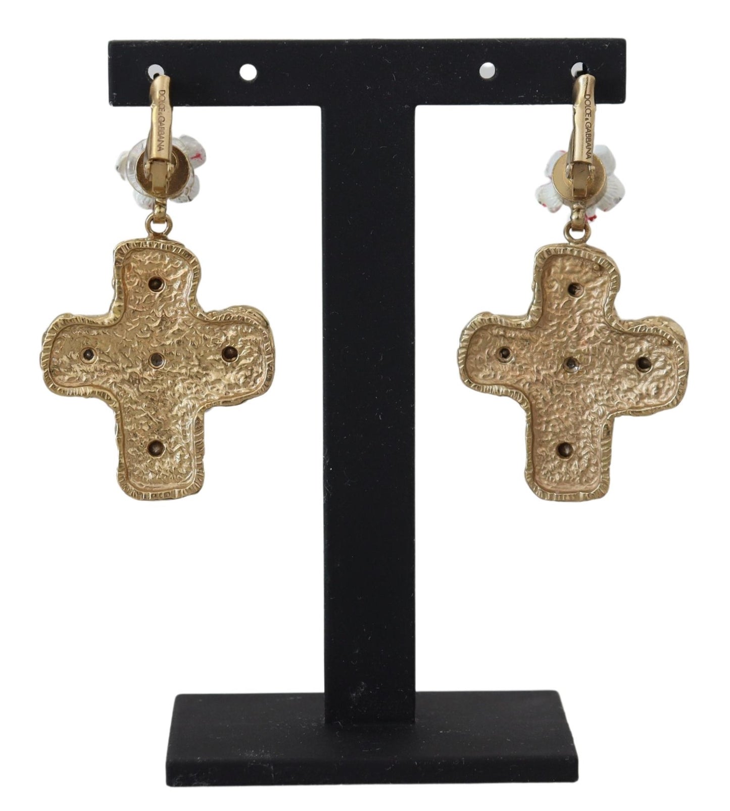 Gold and Pink Sicily Cross Dangling Earrings