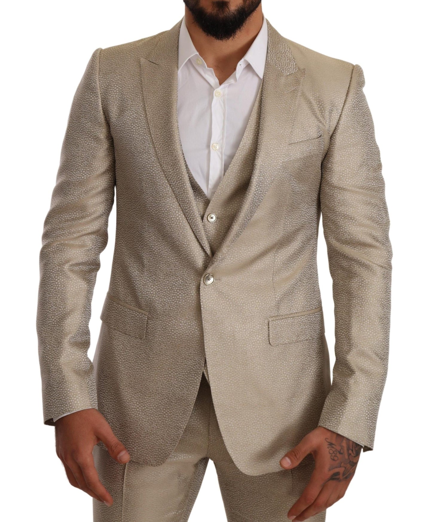 Elegant Gold Silk Three-Piece Martini Suit