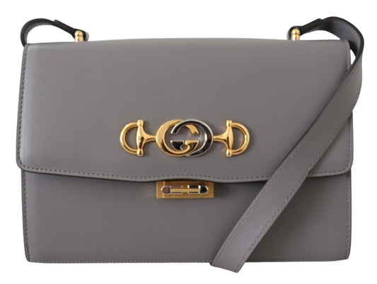 Elegant Grey Leather Shoulder Bag with Gold-Toned Metal