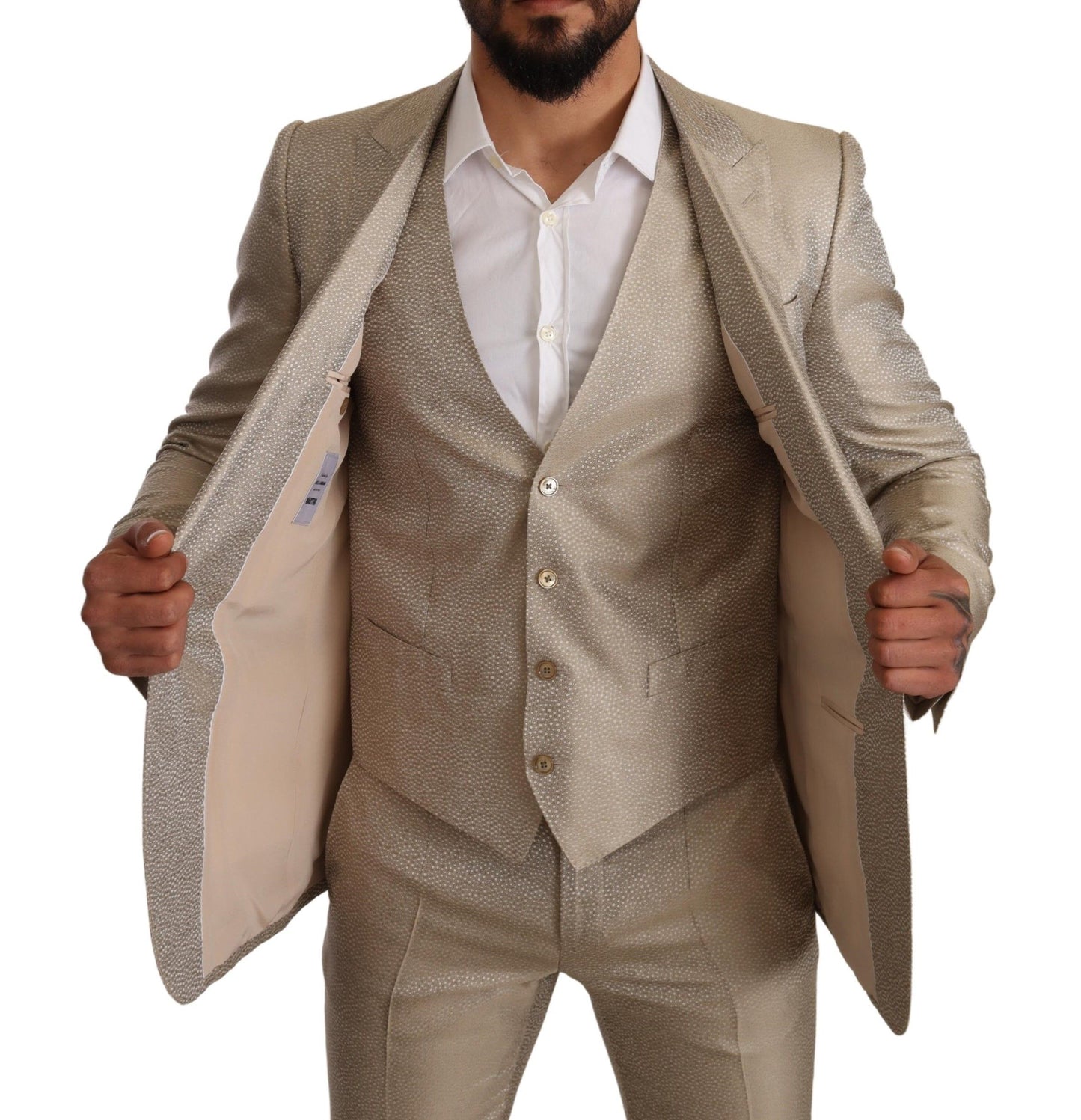 Elegant Gold Silk Three-Piece Martini Suit