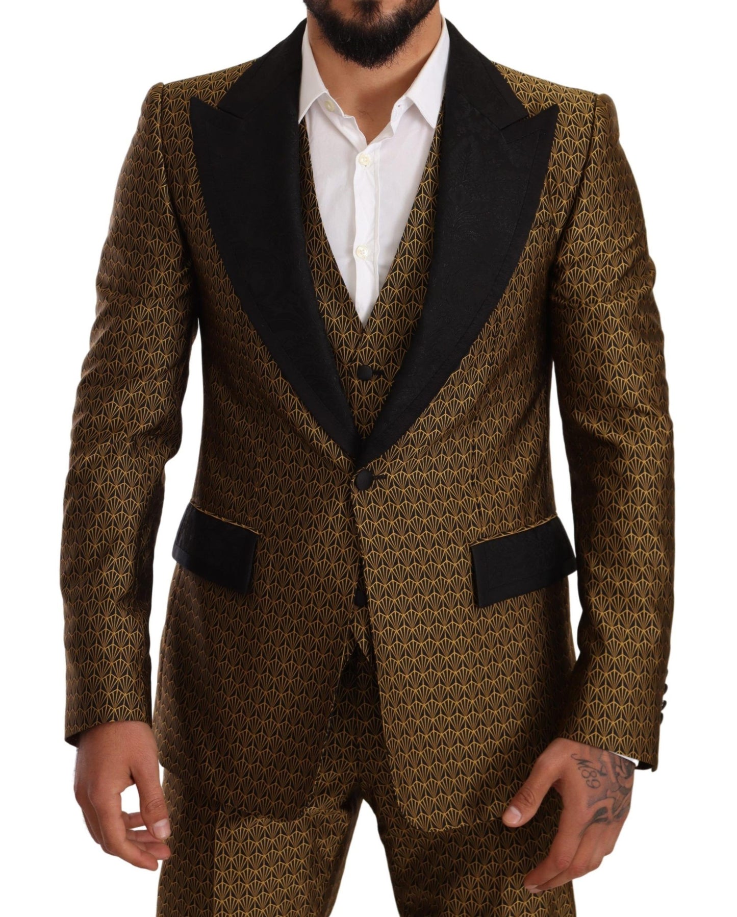 Elegant Yellow Patterned Three-Piece Suit