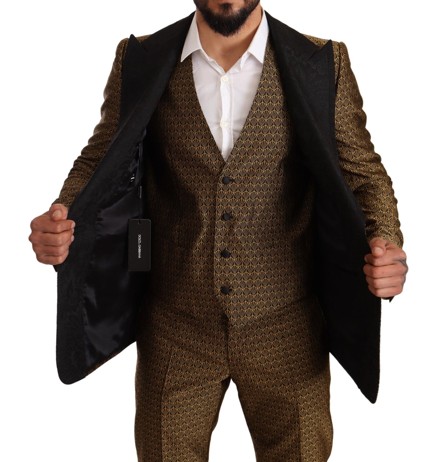 Elegant Yellow Patterned Three-Piece Suit