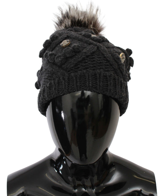 Elegant Gray Fur Crystal Beanie