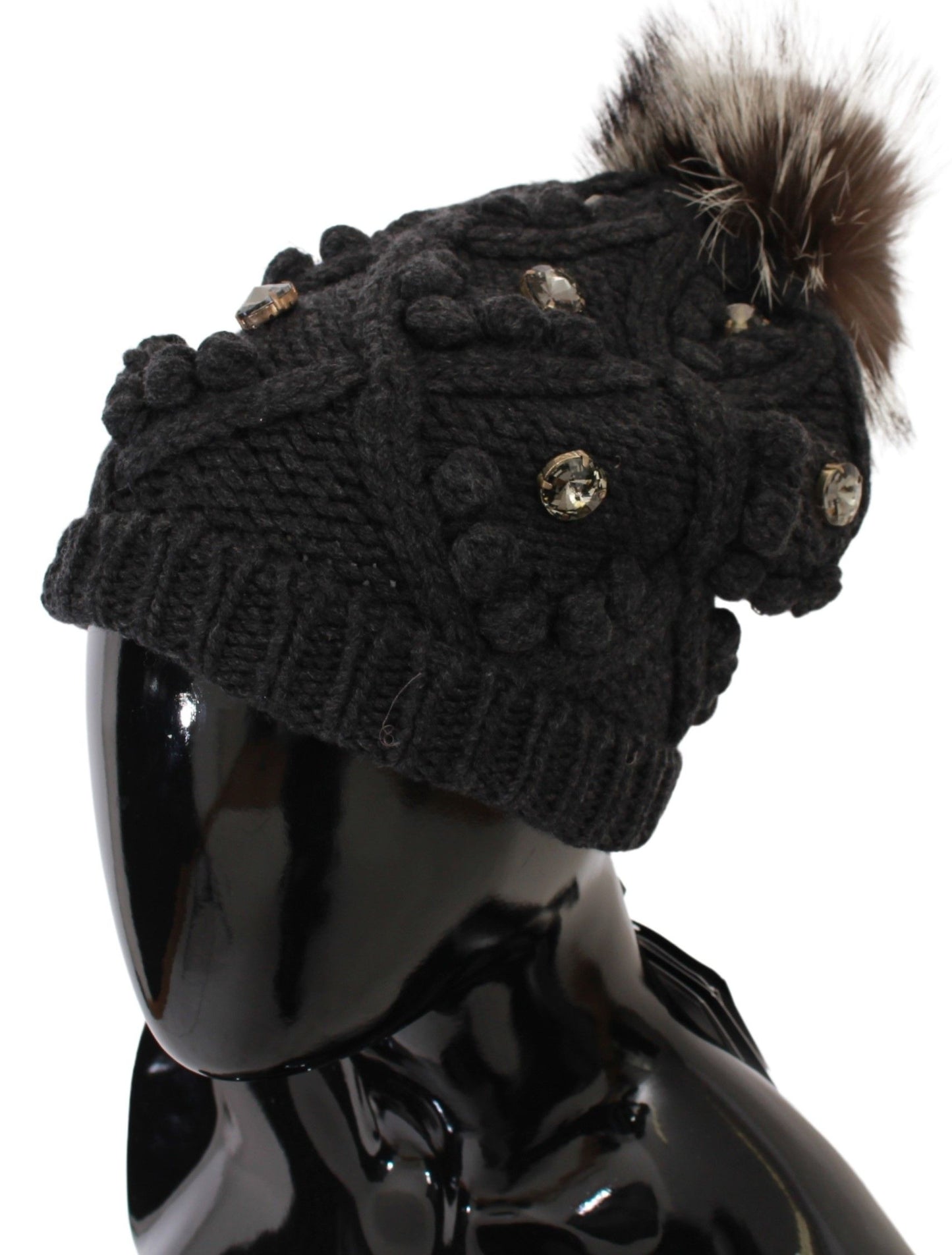 Elegant Gray Fur Crystal Beanie