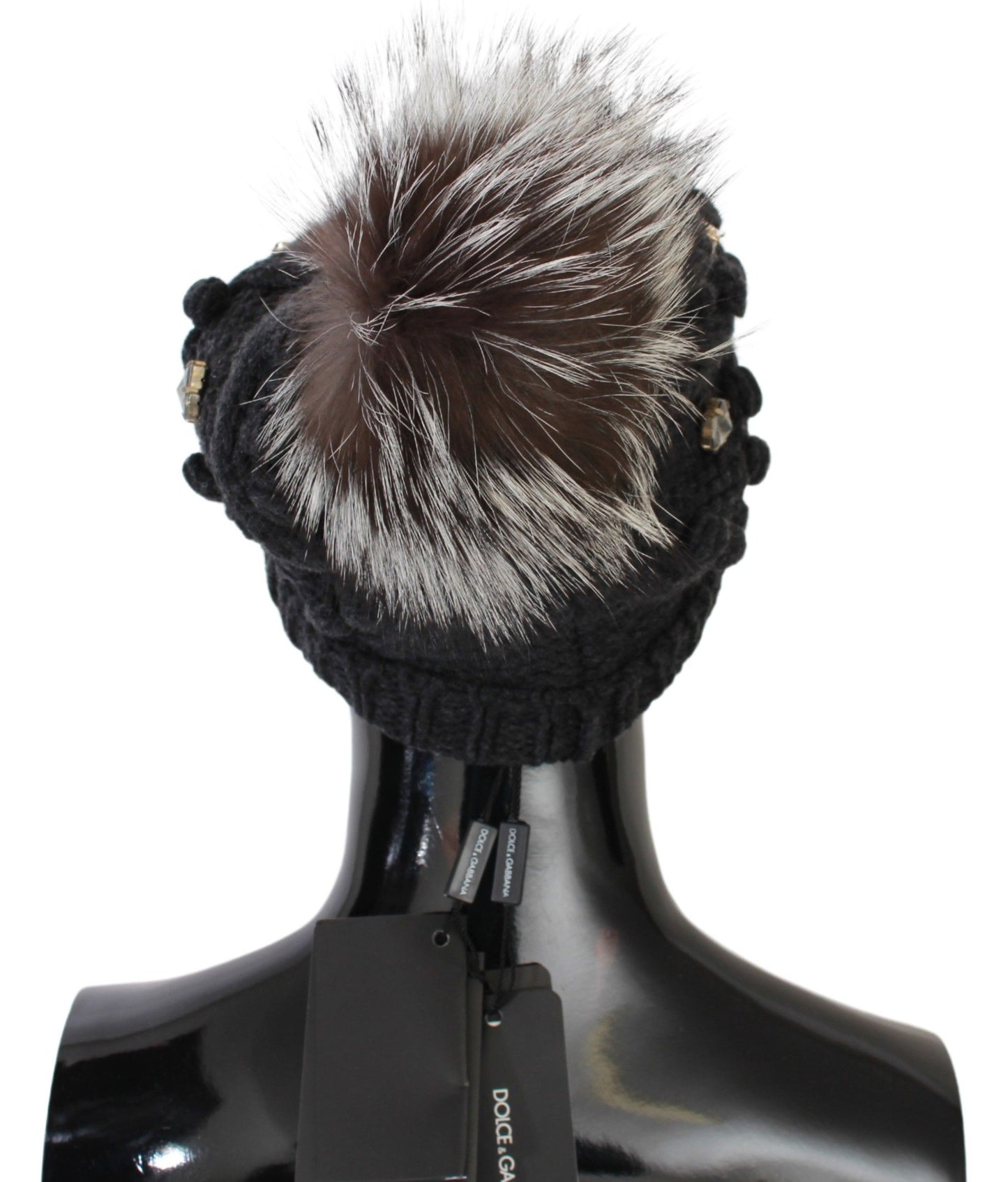 Elegant Gray Fur Crystal Beanie