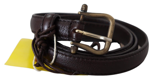 Elegant Dark Brown Leather Belt with Bronze-Tone Hardware