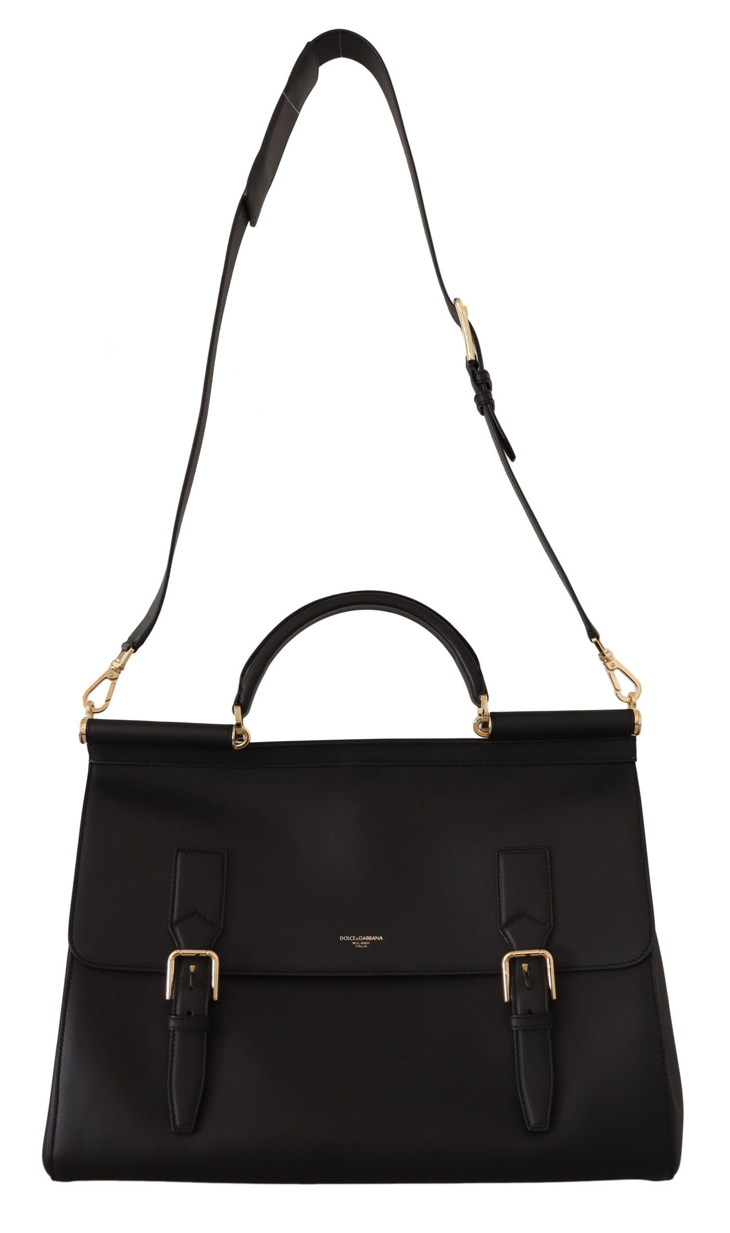 Elegant XL Sicily Black Leather Bag with Gold Accents