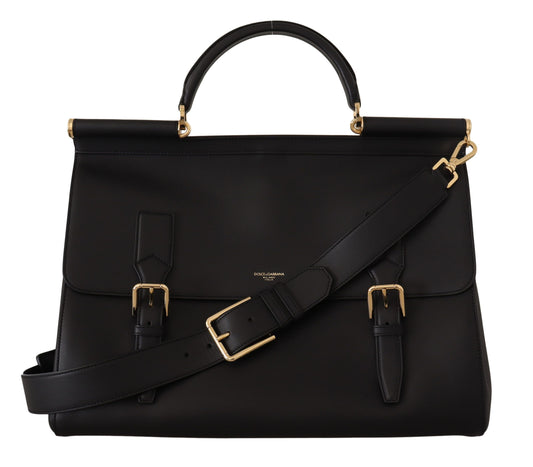 Elegant XL Sicily Black Leather Bag with Gold Accents