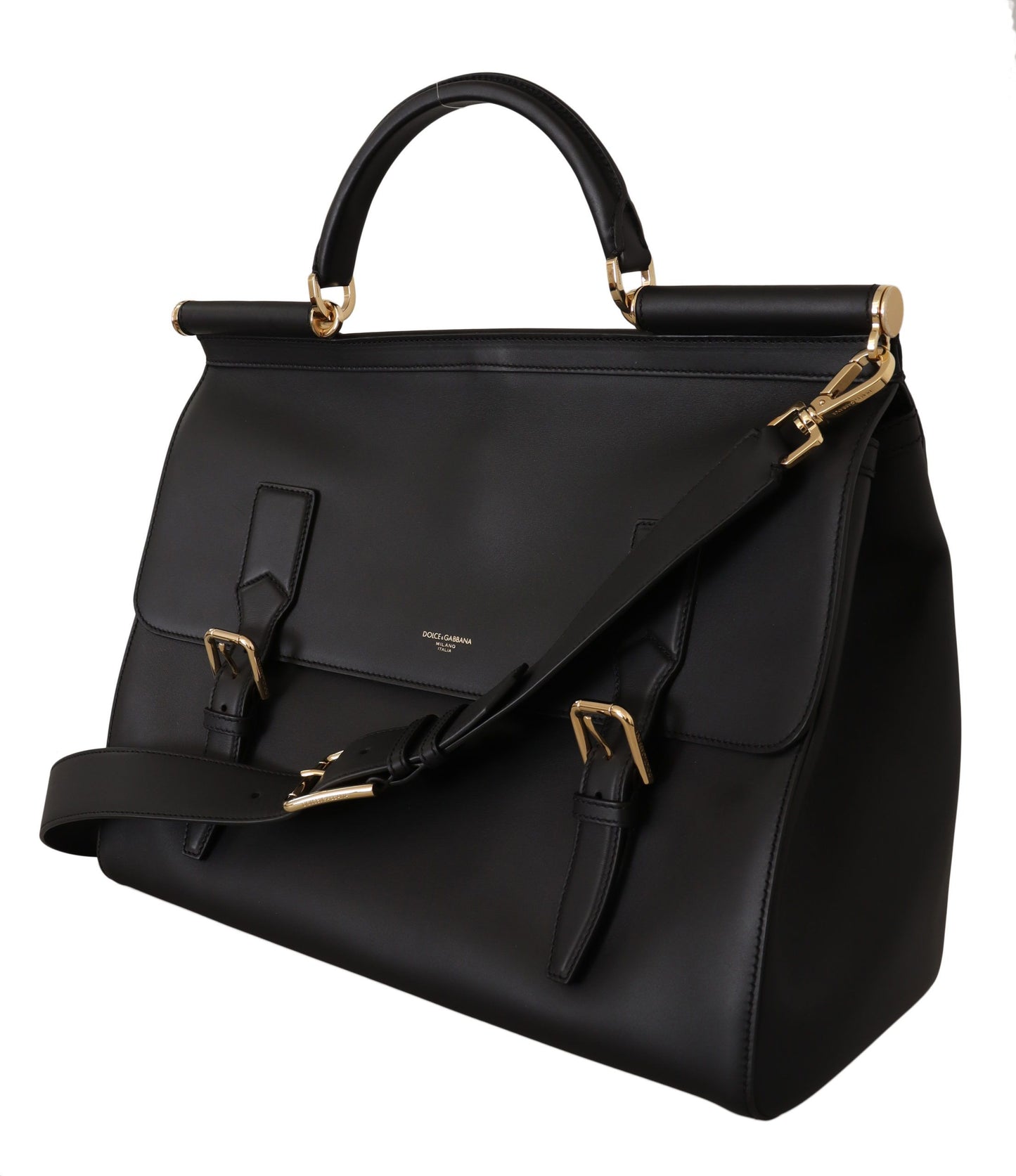 Elegant XL Sicily Black Leather Bag with Gold Accents