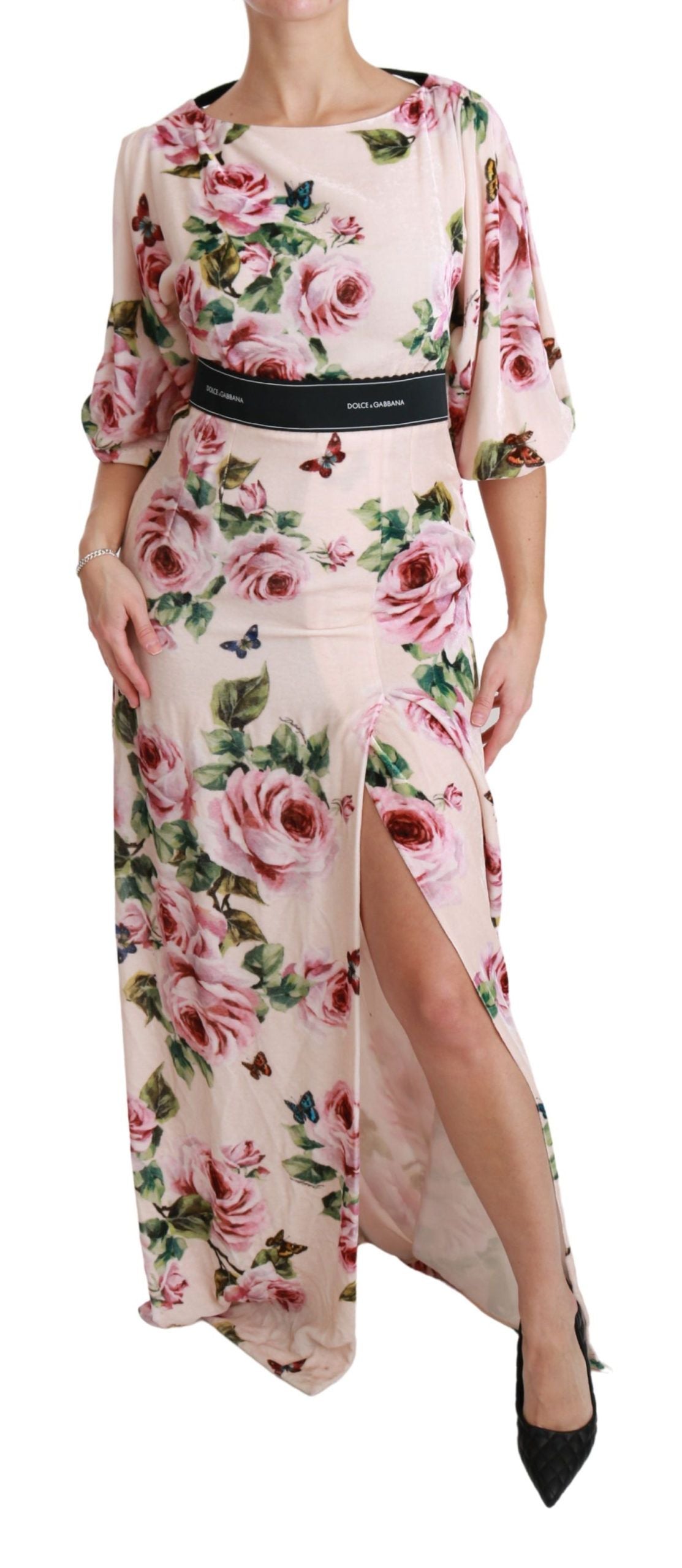 Elegant Pink Velvet Rose Print Maxi Dress