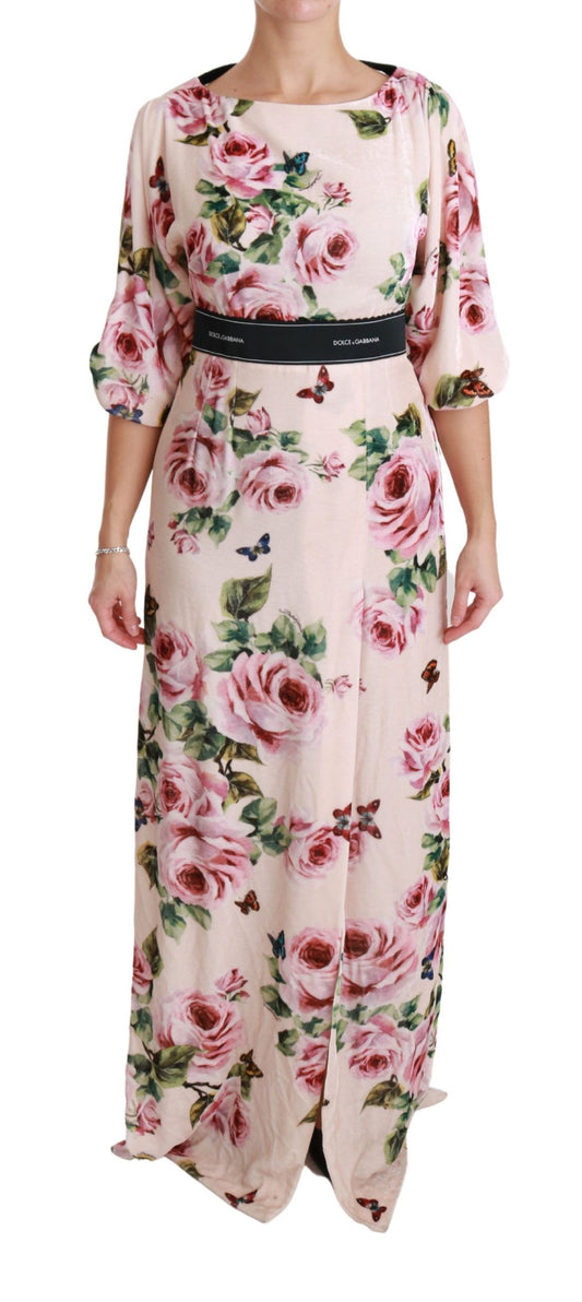 Elegant Pink Velvet Rose Print Maxi Dress