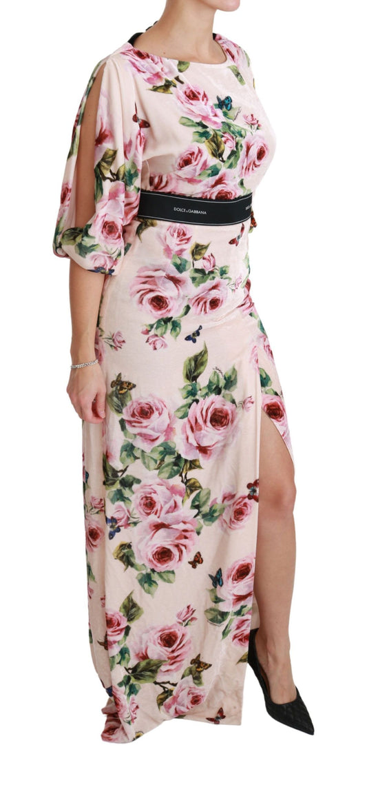 Elegant Pink Velvet Rose Print Maxi Dress